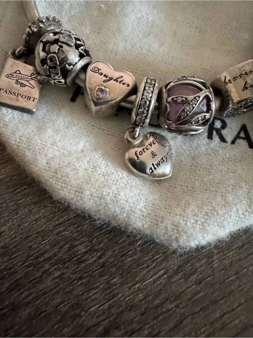 Pandora Silver Charm Bracelet with Heart, Infinity and Travel Charms